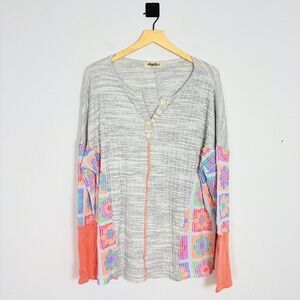 Haptics Pullover‎ Knit Top Color Block Long Sleeve Button Up Gray 3X